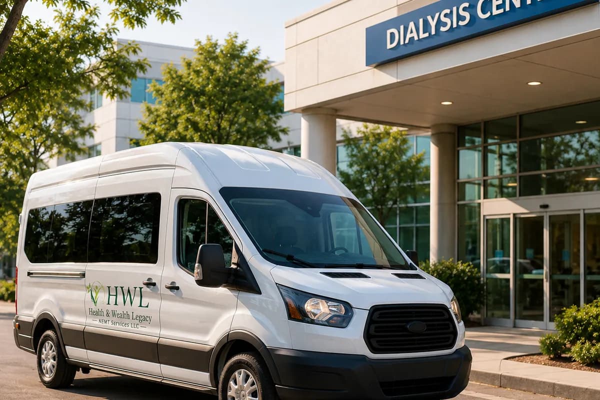 A Health & Wealth Legacy van waiting at the entrance of a dialysis center