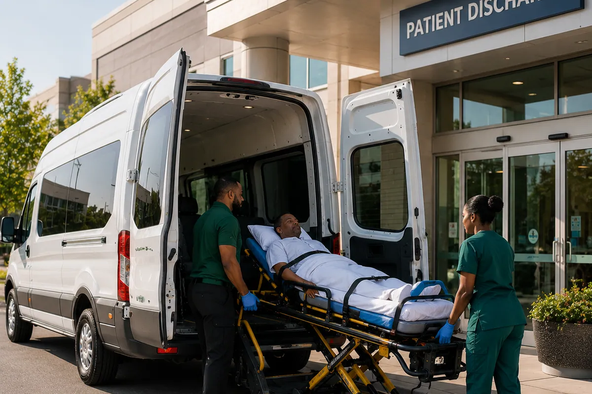 An attendant and a nurse wheeling a discharged patient to a waiting van at a hospital patient discharge entrance