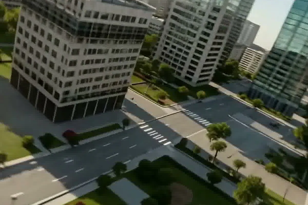 Aerial view of city streets and medical campus buildings