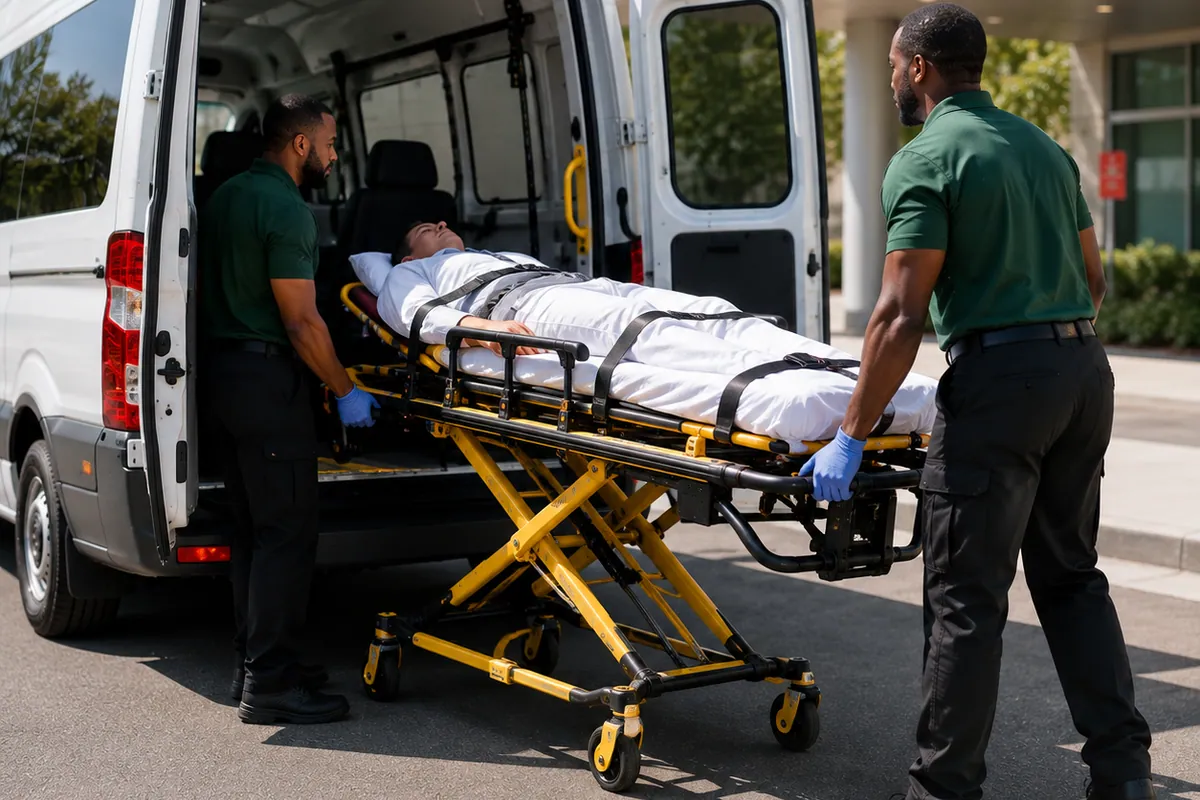 Two attendants loading a rider on a stretcher into the back of a transport van outside a medical building