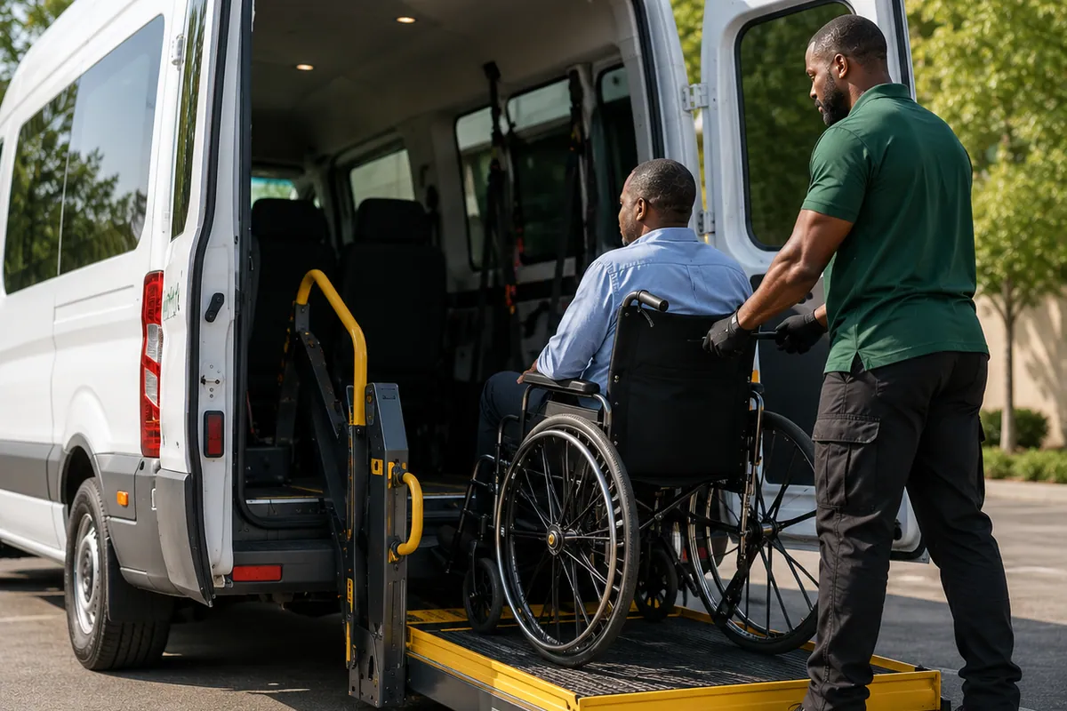 A driver guiding a rider in a wheelchair onto the hydraulic lift at the rear of a Health & Wealth Legacy van